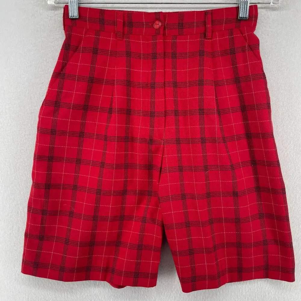 Vtg TAIL Shorts Womens 6 S Bermuda 9" Check Pleated Walking High Waist Chino Red